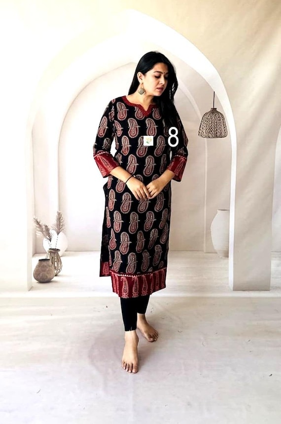 Hand Block Ajrakh Long Cotton Kurti, V-Neck, Ethnic Dress with Free Leggings, Womens Dresses