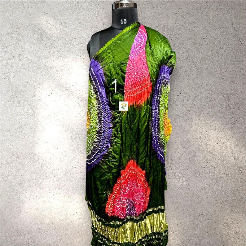 Trabajo Kasumba Bandhani hecho a mano, Dupatta de seda modal, Lagdi Patta, multicolores vegetales, moda femenina Dupatta No # 1