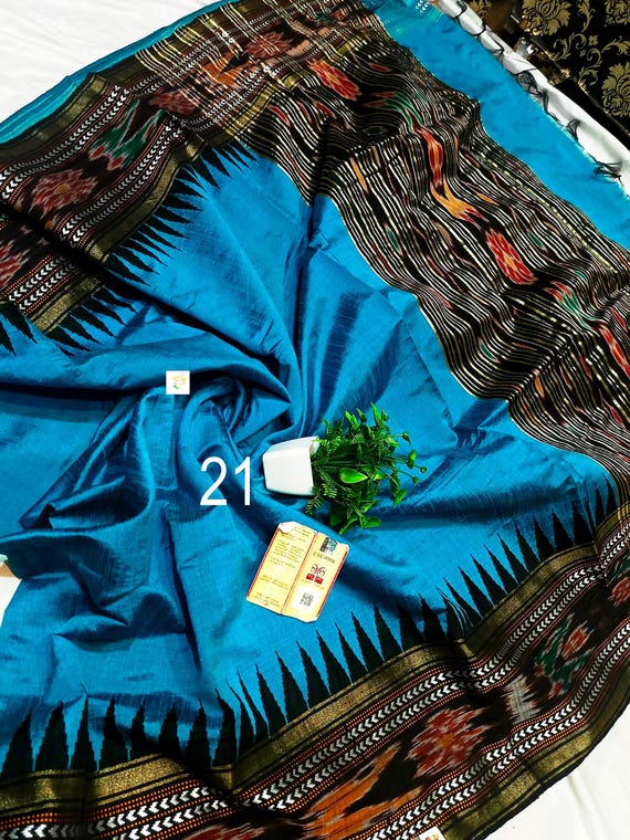 Handwoven Raw Silk Saree, Ikkat And Vidarbha Temple Border, Ikat Pallu, Silk Mark Certified