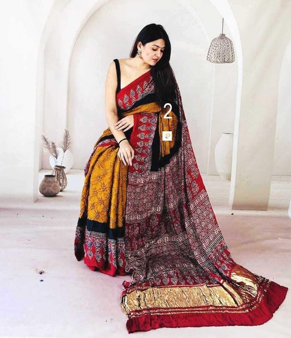 Ajrakh Barik Bandhej Modal Silk Saree, Handblock Print, Zari Pallu, Womens Fashion