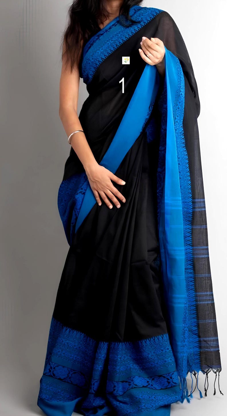 Reiner Khadi Baumwoll-Begampuri-Sari, handgewebte Bordüre, Förderung nachhaltiger Mode, Baumwoll-Sari für Frauen Saree No # 1