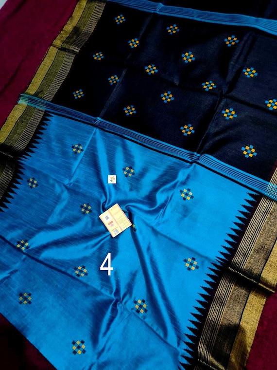 Handwoven Pure Raw Silk Saree, Temple Borders, All Over Butta, Silkmark Certified, Womens Fashion