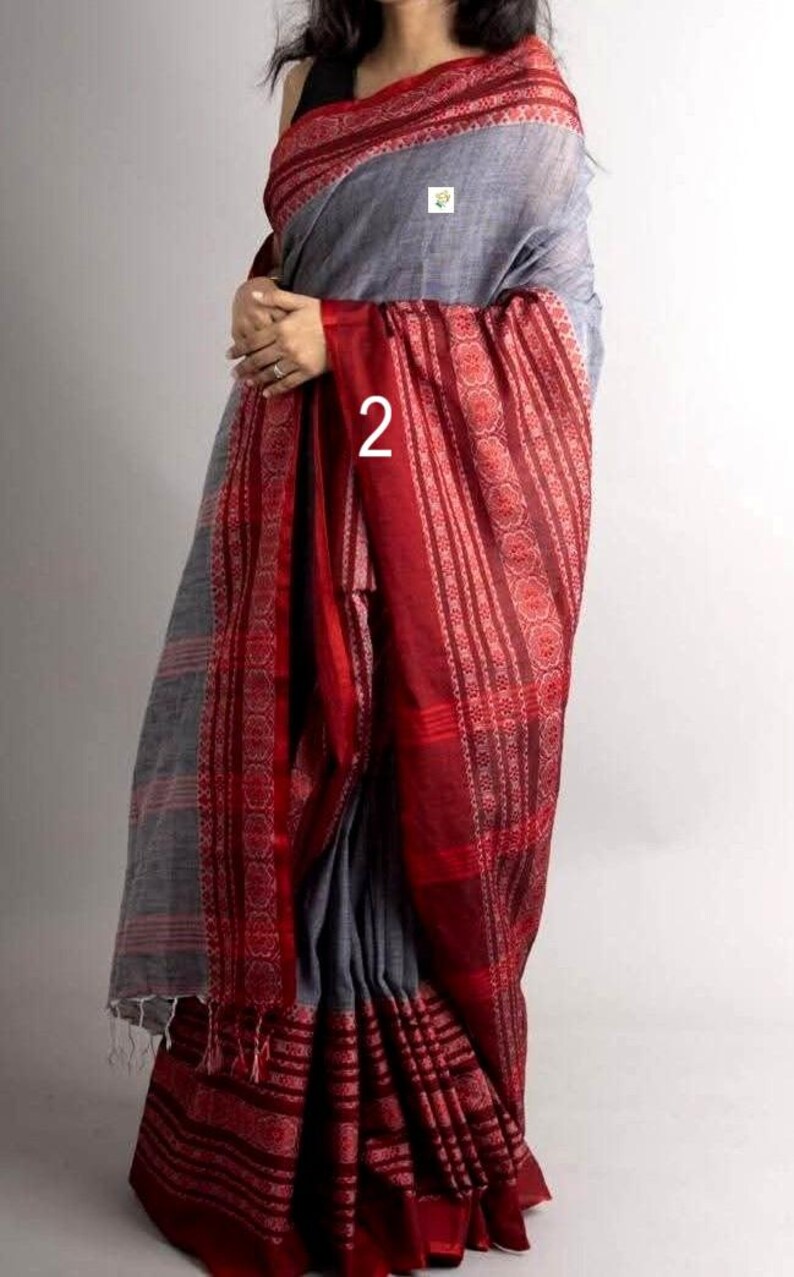 Reiner Khadi Baumwoll-Begampuri-Sari, handgewebte Bordüre, Förderung nachhaltiger Mode, Baumwoll-Sari für Frauen Bild 6