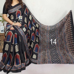 Pure Hand block Print Ajrakh Modal Silk Saree, with Running BP, Organic Colors, Skin Friendly, Natural Dyed, Silk Sarees for Women