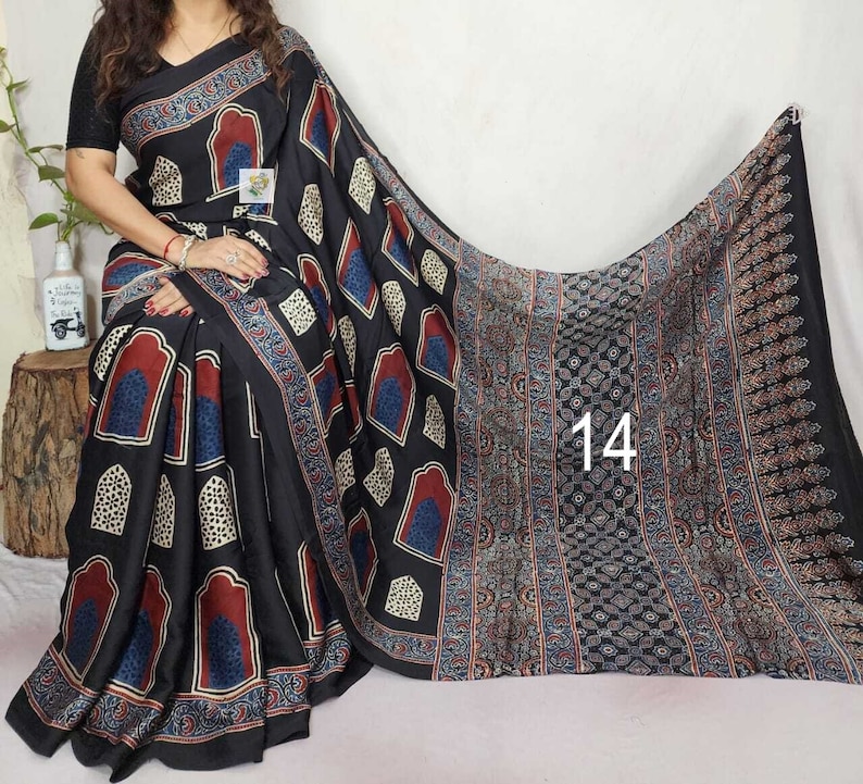 Pure Hand block Print Ajrakh Modal Silk Saree, with Running BP, Organic Colors, Skin Friendly, Natural Dyed, Silk Sarees for Women