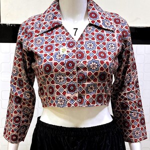 Pure Hand Block Print Ajrakh Crop Top, Classy Trendy Collar, Full Sleeves, Pure Cotton, Non Padded, Crop Top For Women, Womens Fashion. Crop Top No # 7. Colour : White.