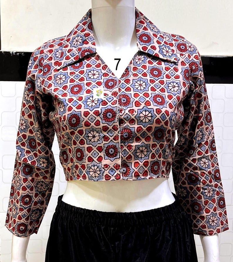 Pure Hand Block Print Ajrakh Crop Top, Classy Trendy Collar, Full Sleeves, Pure Cotton, Non Padded, Crop Top For Women, Womens Fashion. Crop Top No # 7. Colour : White.