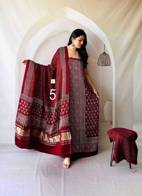 ajrakh silk dress Modal Silk Ajrakh 3 Pcs Suit Set, Organic Red Colour, Free Stitching,  Ethnic Dress