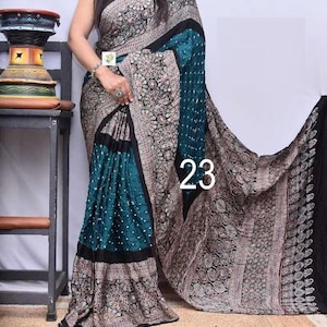 Ancient Bandhani With Ajrakh On Modal Silk Saree, Pure Handblock Print, Organic Colors, Skin Friendly, Silk Sarees for Women, Womens Fashion