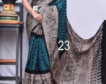 Ancient Bandhani With Ajrakh On Modal Silk Saree, Pure Handblock Print, Organic Colors, Skin Friendly, Silk Sarees for Women, Womens Fashion