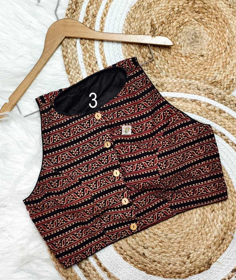 Brown Hand Block Print Pure Cotton Blouse with Half Sleeves and U Neckline