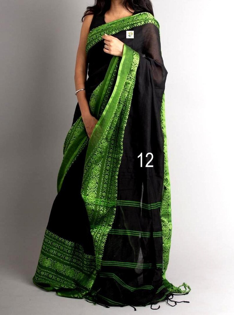 Reiner Khadi Baumwoll-Begampuri-Sari, handgewebte Bordüre, Förderung nachhaltiger Mode, Baumwoll-Sari für Frauen Saree No # 12