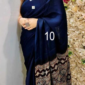 Sari de seda modal Ajrakh, estampado a mano con bloques, tintes naturales, saris de seda india. Saree No # 10