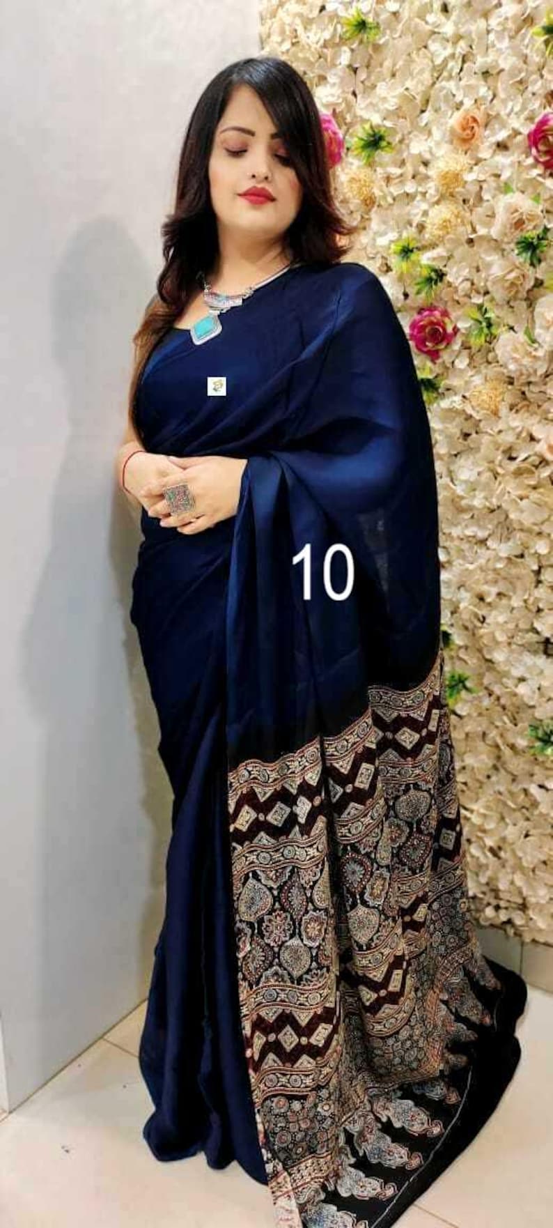 Sari de seda modal Ajrakh, estampado a mano con bloques, tintes naturales, saris de seda india. Saree No # 10