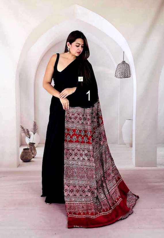 Ajrakh Modal Silk Saree, Pure Hand Block Print, Natural Dyes, Indian Silk Sarees