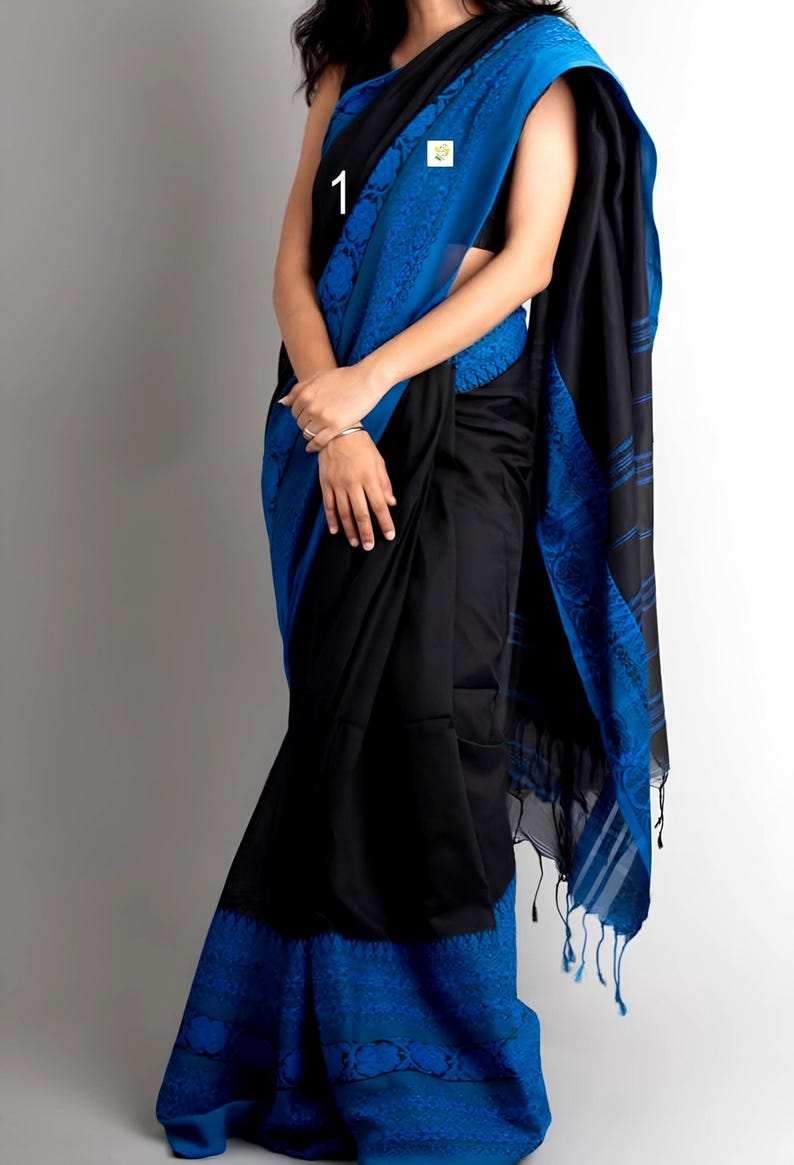 Reiner Khadi Baumwoll-Begampuri-Sari, handgewebte Bordüre, Förderung nachhaltiger Mode, Baumwoll-Sari für Frauen Bild 4