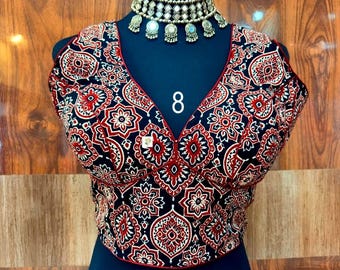 Sabyasachi Cut Ajrakh Blouse, Hand Block Print Cotton, Sleeveless, Back Open, Padded & Lining