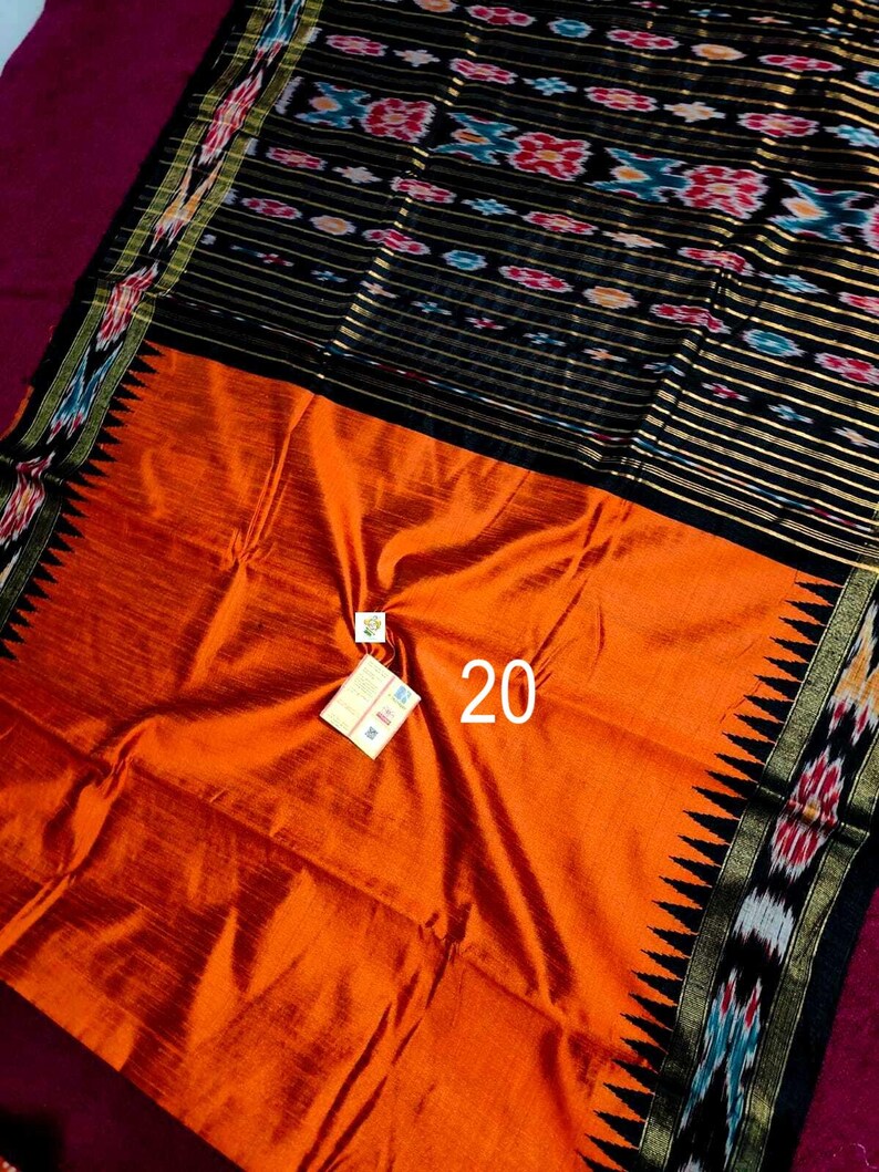 Handwoven Raw Silk Saree, Ikkat Temple Border, Heavy Ikat Pallu, Silk Mark Certified Saree No # 20