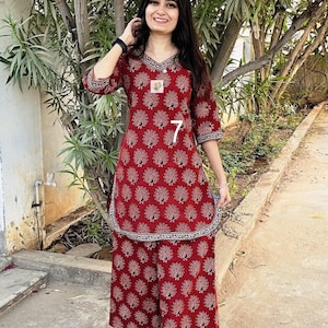 Red - Ajrakh Block Printed Cotton Elasticated Palazzo