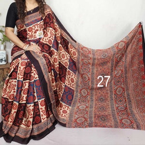 Pure Hand block Print Ajrakh Modal Silk Saree, with Running BP, Organic Colors, Skin Friendly, Natural Dyed, Silk Sarees for Women