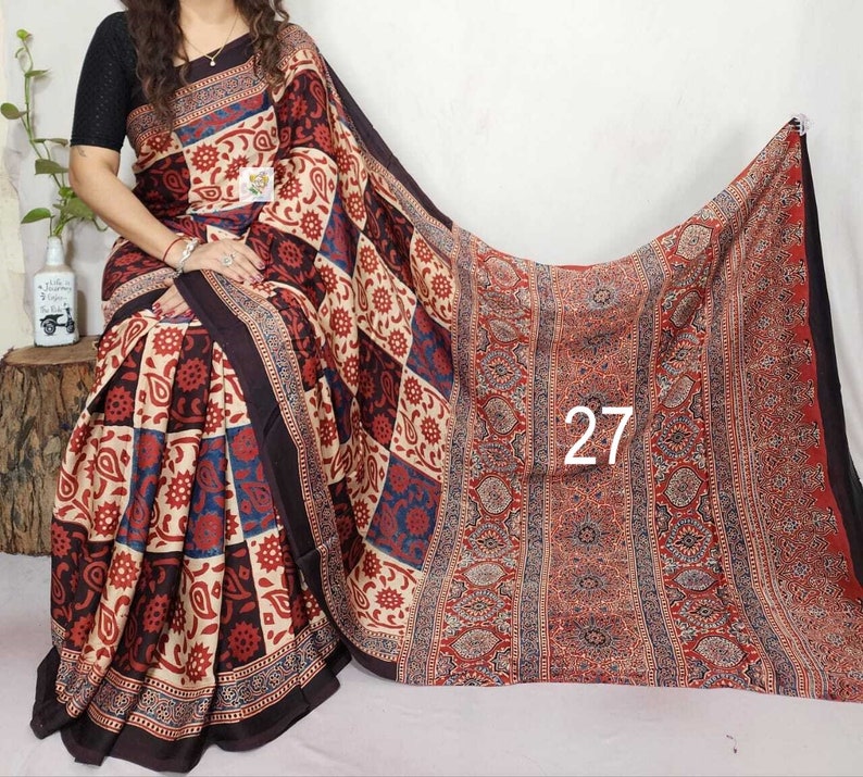 Pure Hand block Print Ajrakh Modal Silk Saree, with Running BP, Organic Colors, Skin Friendly, Natural Dyed, Silk Sarees for Women