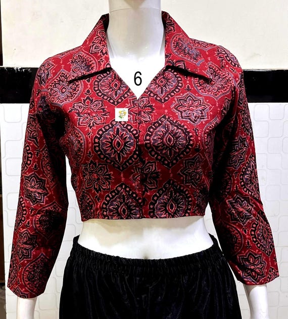 Hand Block Print Ajrakh Crop Top, Pure Cotton, Full Sleeve Blouse, Lining, Boho Fashion