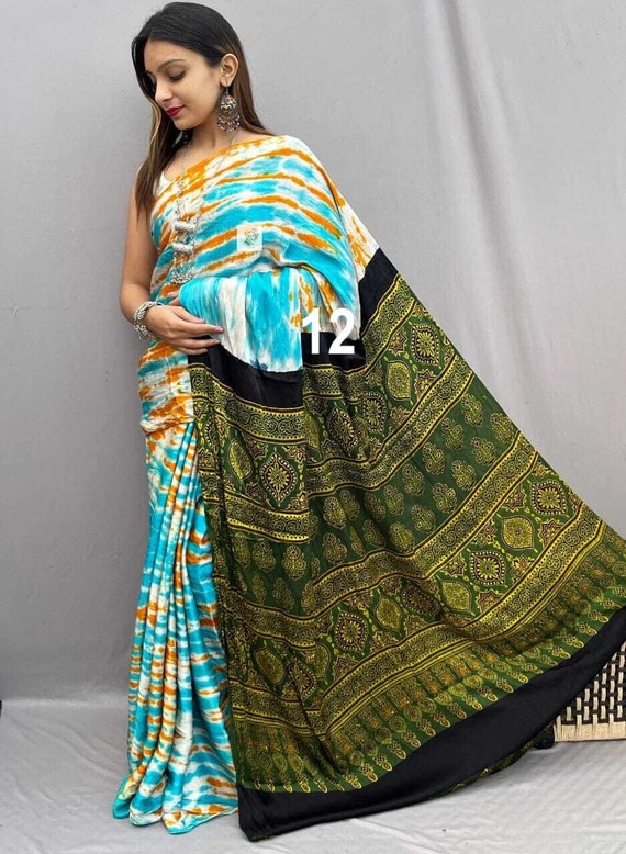 Ajrakh and Shibori Combination Modal Silk Saree, Hand Block Print, Natural  Dyed, Organic Colurs, Skin Friendly, Silk Sarees for Women 