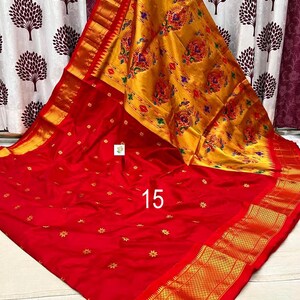 Paithani sari van pure zijde met Kadiyal-rand, handgeweven, all-over buttis, Silk Mark-gecertificeerd Saree No # 15
