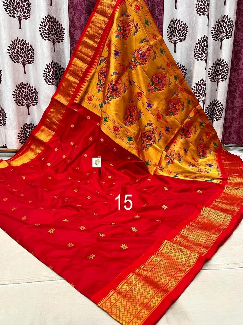 Paithani sari van pure zijde met Kadiyal-rand, handgeweven, all-over buttis, Silk Mark-gecertificeerd Saree No # 15