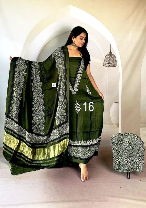 Pure Ajrakh Modal Silk 3 Pcs Suit Set, Organic Colour, Free Stitching, Ethnic Fashion
