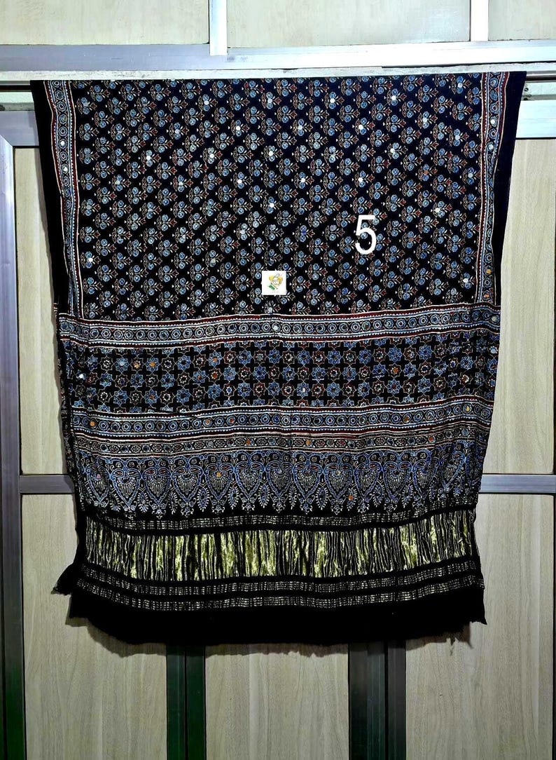 Mirror Work Ajrakh Modal Silk Dupatta, Handblock Print, Organic Colors, Lagdi Patta Dupatta No # 5