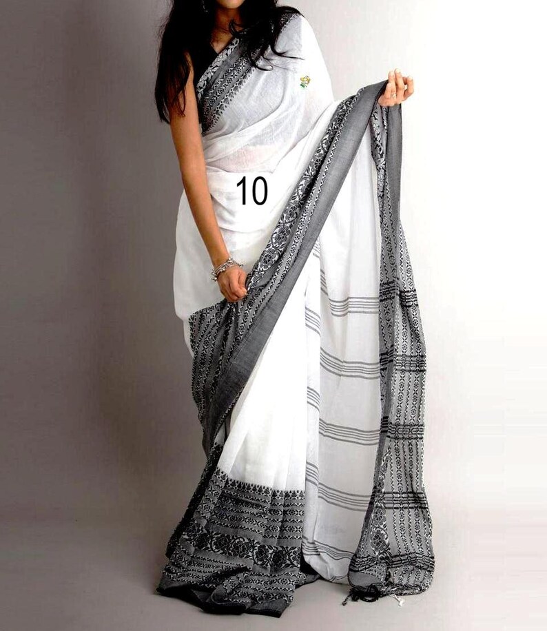 Reiner Khadi Baumwoll-Begampuri-Sari, handgewebte Bordüre, Förderung nachhaltiger Mode, Baumwoll-Sari für Frauen Saree No # 10