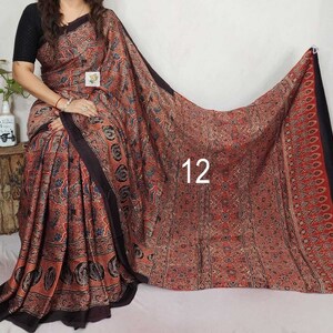 Pure Hand block Print Ajrakh Modal Silk Saree, with Running BP, Organic Colors, Skin Friendly, Natural Dyed, Silk Sarees for Women