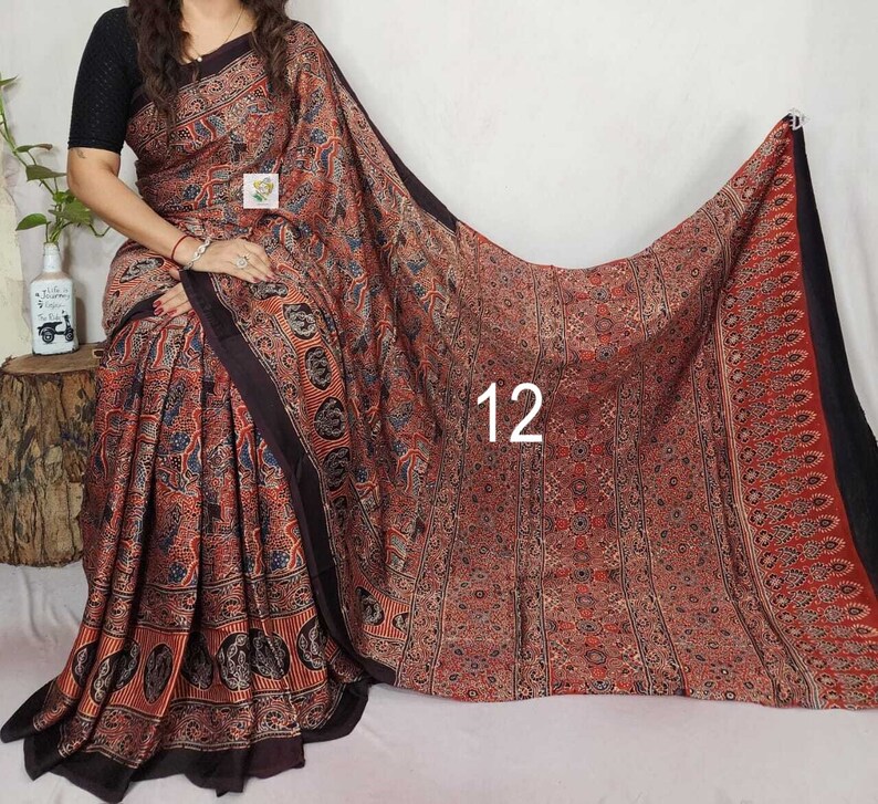 Pure Hand block Print Ajrakh Modal Silk Saree, with Running BP, Organic Colors, Skin Friendly, Natural Dyed, Silk Sarees for Women