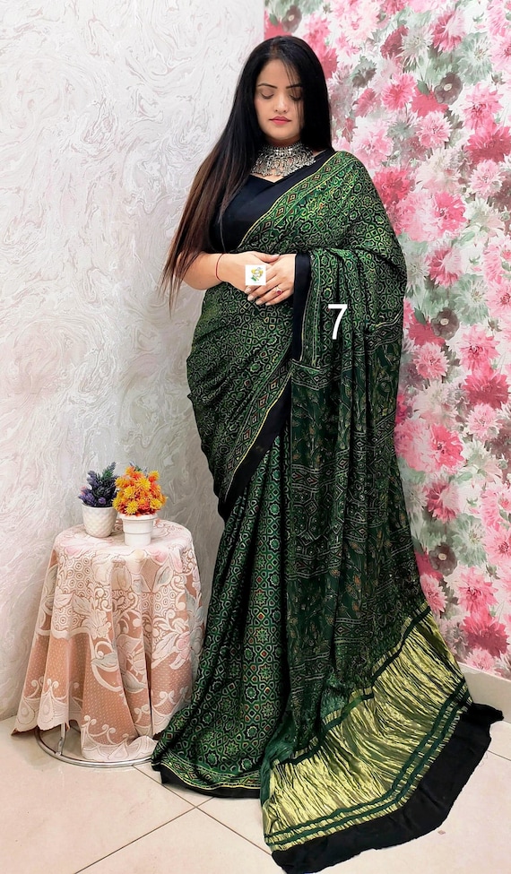 Pure Modal Silk Ajrakh Saree, Zari Pallu, Hand Block Print, Vegetable Colour