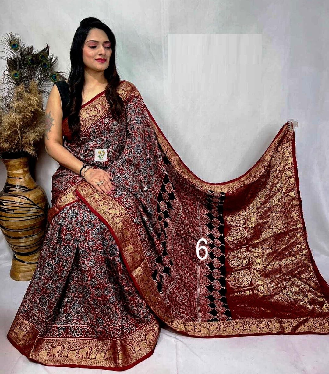 Black - Block Print Natural Dyed Dola Silk Jacquard Buti Ajrakh Fabric 17