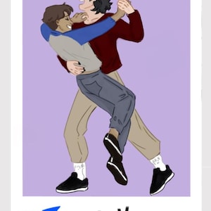 May include: A digital illustration of two people dancing. The person in the front is wearing a red shirt and beige pants. The person in the back is wearing a blue shirt, beige pants, and gray sweater. The background is a light purple color. The image has a red, white, and blue triangle in the bottom left corner and the text "L♥K" in the bottom center.