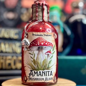 Op de afbeelding: Een klein rood glazen flesje met een waszegel en een zilveren bedel. Het flesje is gelabeld "Prismatic Potions Amanita Mushroom Elixir".