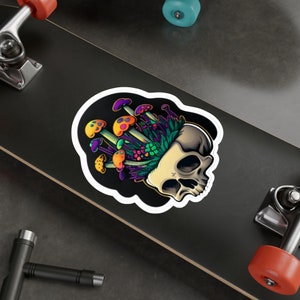 Skull with Bright Mushies Waterproof Sticker | Colorful Gothic Mushrooms Vinyl Decal | Gift for Pastel Goth