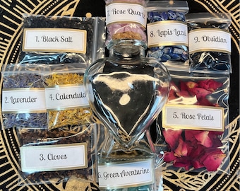 Kit de frasco para hechizos de amor: Frasco con forma de corazón, cristales y hierbas