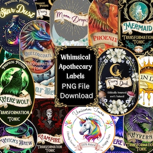 May include: A set of 16 whimsical apothecary labels featuring mythical creatures and magical ingredients. The labels are in a circular shape with a black background and gold accents. The labels feature illustrations of a werewolf, mermaid, unicorn, vampire, phoenix, dragon, and more. The text on the labels includes "Prismatic Potions", "Transformation Tonic", "Fairy Dust", "Witch's Brew", "Moon Drops", "Star Dust", "Unicorn Tears", "Wyvern", "Vampire", "Mermaid", "Werewolf", "Quetzalcoatl", "Phoenix", "Ind", "Happy Tears", and "Ethically Sourced 100% Natural".