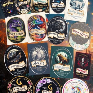 May include: A collection of 15 round stickers with colorful illustrations and text. The stickers feature various mythical creatures, animals, and magical potions. The text on the stickers includes the names of the creatures and potions, as well as the phrase "Transformation Tonic".