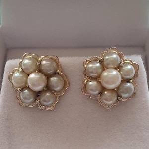 Antique Victorian 9ct, 9k White Gold with Natural Pearl Cluster Stud Earrings. Beautiful