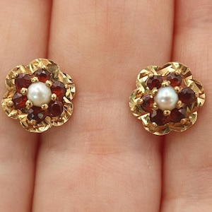 Antique 9ct 9k Yellow Gold Pearl and Garnet Stud Earrings