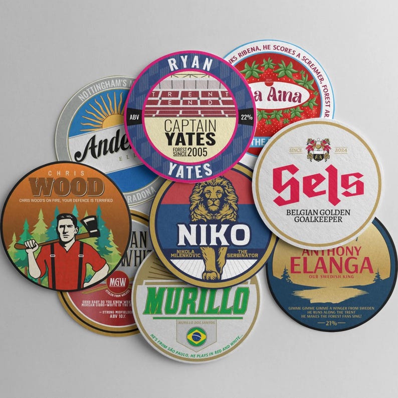 Complete Nottingham Forest beer mat set featuring nine 24/25 season designs – perfect football fan gift