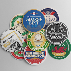 May include: A selection of circular coasters showcasing football legends. Each coaster displays player names, team colors, and career achievements. The coasters are in various colors, including blue, green, and red.