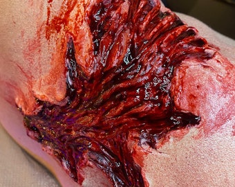 May include: A close-up of a realistic, bloody, special effects makeup wound on a person's back. The wound is deep and appears to be a large gash with exposed flesh and blood.