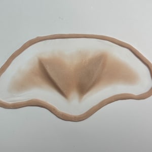 May include: A prosthetic makeup piece with a light brown, skin-toned color. The piece has a curved shape with a raised center and a defined edge. The center has a darker brown color, and the edges are a lighter brown.