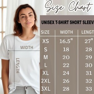 May include: A white unisex t-shirt with a size chart. The chart lists sizes XS to 3XL, with corresponding width and length measurements in inches. The text "Size Chart" is at the top.