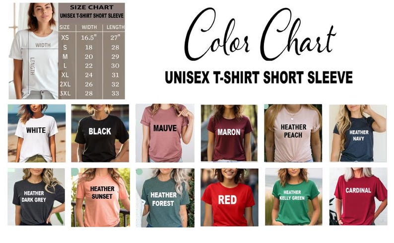 以下が含まれることがあります： ユニセックス半袖Tシャツのカラーチャート。チャートには、インチ単位の測定値と、白、黒、モーブ、赤など、さまざまなシャツの色の例を含むサイズガイドが含まれています。「Color Chart」というテキストはスクリプトフォントで表示されます。